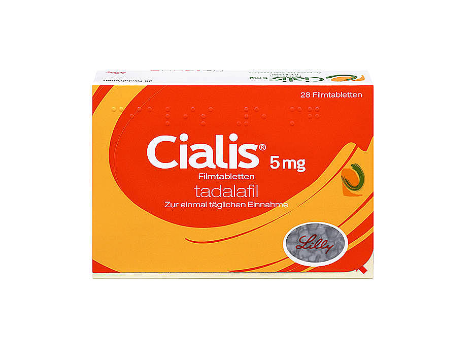 Vorderseite einer Packung Cialis 5 mg mit 28 Filmtabletten von Lilly.