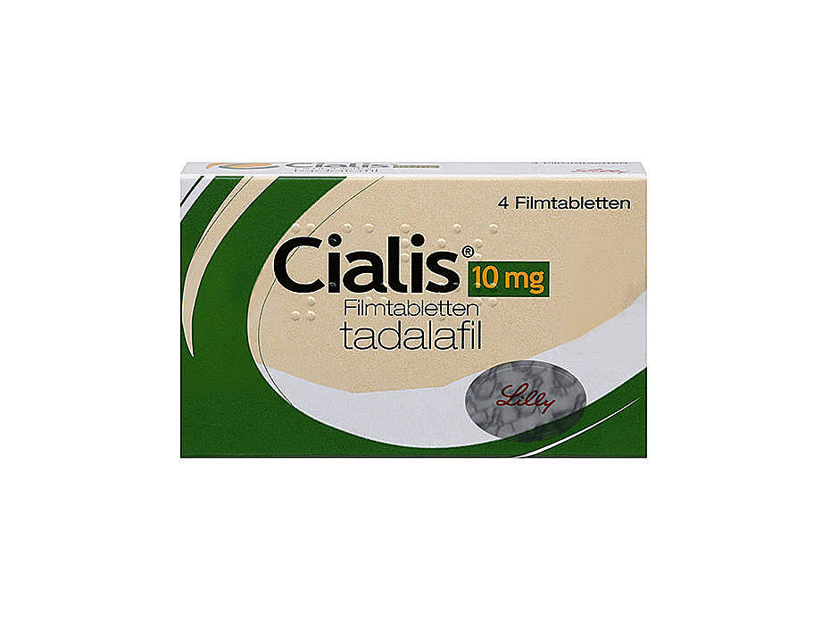 Vorderseite einer Packung Cialis 10 mg mit 4 Filmtabletten von Lilly.