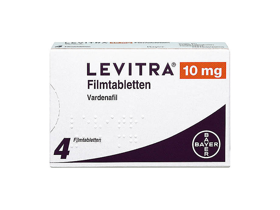 Vorderseite einer Packung Levitra 10 mg mit 4 Filmtabletten von Bayer.