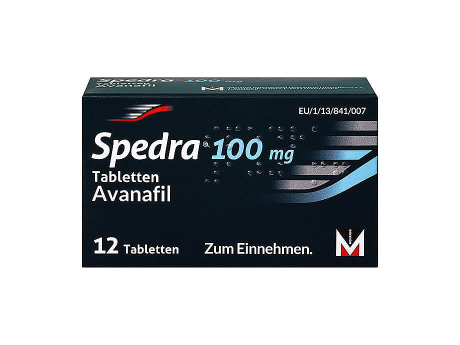 Vorderseite einer Packung Spedra 100 mg mit 12 Filmtabletten von Berlin Chemie.